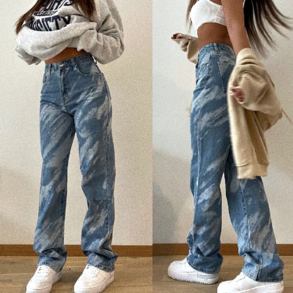 Women Y2K Jeans Large Blue High Rise Wide Leg Tie Dye Print Loose Washed